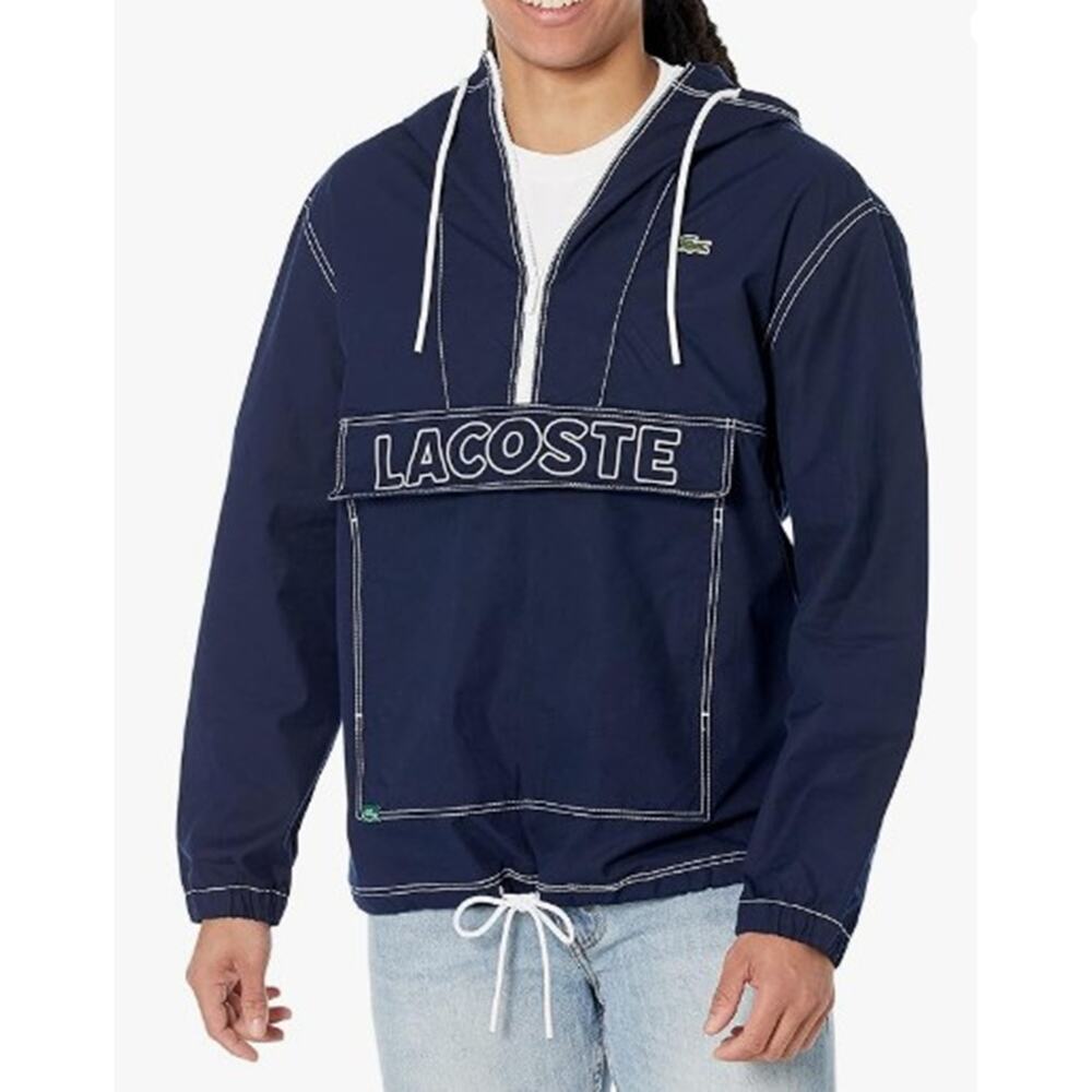 Lacoste Men's Heritage Water-Resistant Canvas Hooded Pullover Overshirt Navy L